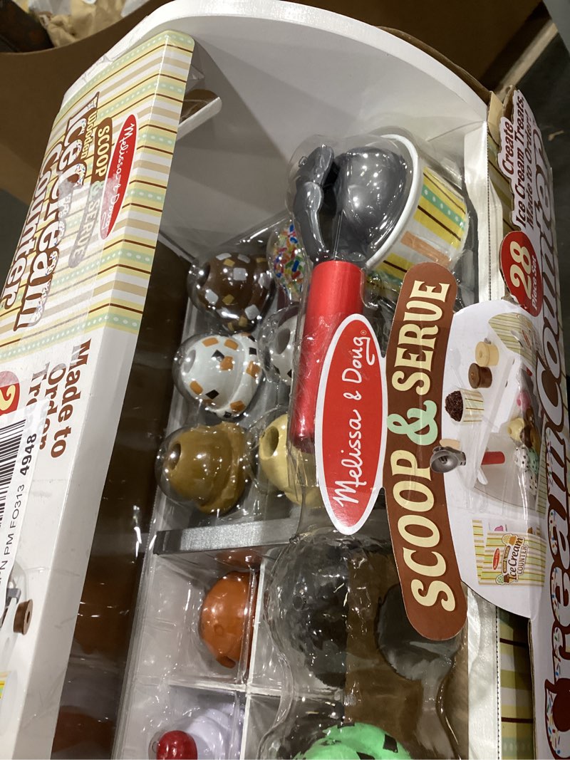 Condition photo showing New/Like New for melissa & doug wooden scoop & serve ice cream counter, pretend play store, 28 toy food & play kitchen accessories, preschool toys for girls & boys 3+ main