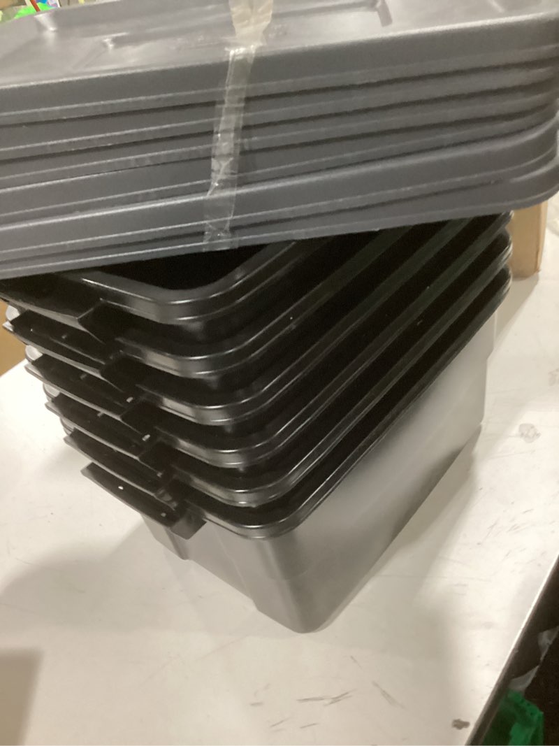 Condition photo showing Good Condition for Rubbermaid 6-Pack Totes for Storage with Lids, Heavy Duty Plastic Storage Bins with Lids, Black Gray, 10 GAL - Stackable for Garage, Attic, Camping (10 GAL - 6 Pack Solid Black and Grey)