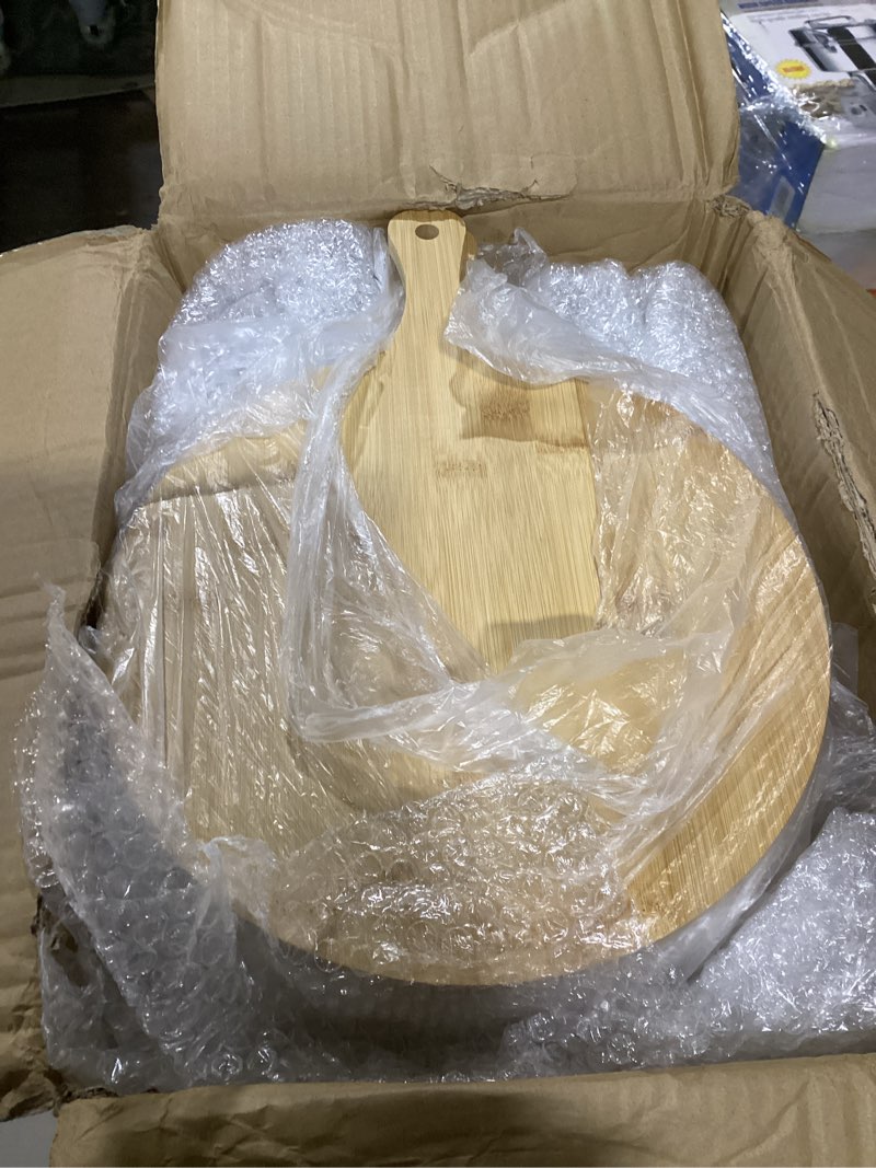 Condition photo showing Good Condition for nuenen 20 pcs round wood cutting board with handle acacia bamboo wooden serving kitchen chopping boards for pizza, bread, cheese, charcuterie, fruit, vegetables (bamboo) 20 bamboo
