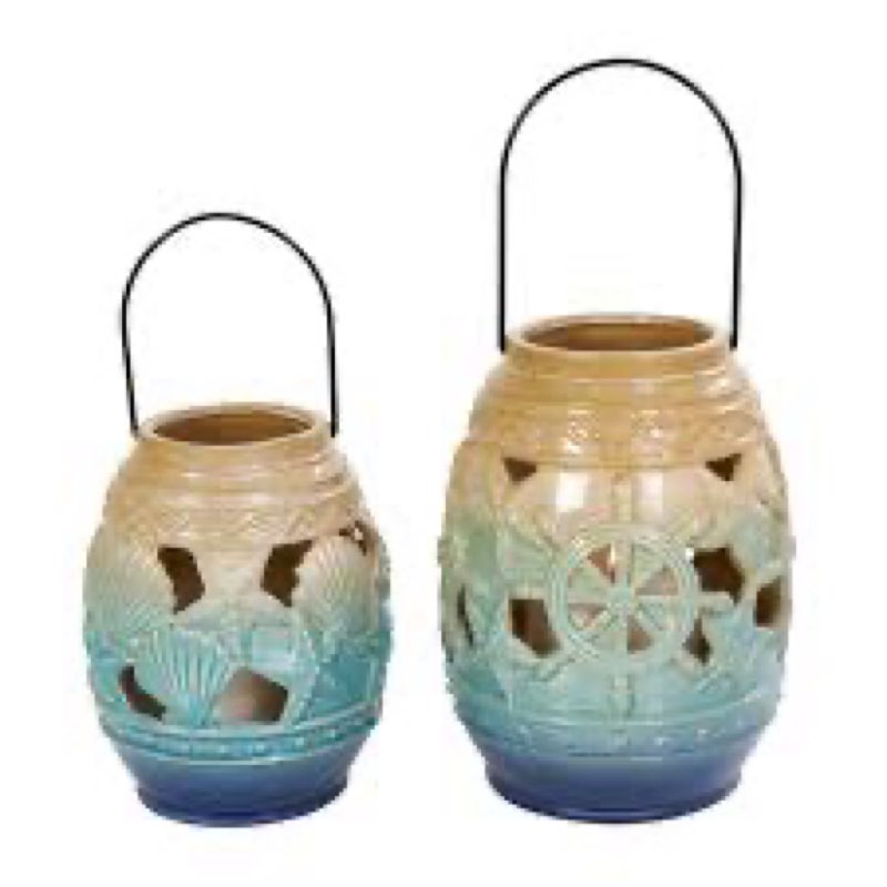 (Incomplete)Deco 79 Ceramic Ship Wheel Ombre Cutout Candle Lantern with Starfish and Shell Accents, Set of 2 9\",