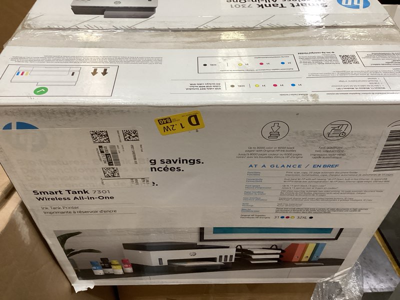 Condition photo showing As Is for hp smart tank 7301 wireless all-in-one ink tank printer, scanner, copier with 2 years of ink included, best-for-home office, cartridge-free refillable, ai-enabled (28b70a)