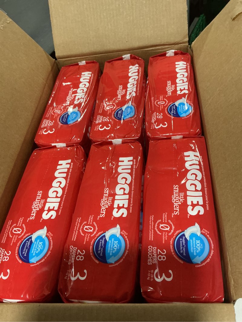 Condition photo showing New/Like New for huggies size 3 diapers, little snugglers baby diapers, size 3 (16-28 lbs), 168 count (6 packs of 28), packaging may vary