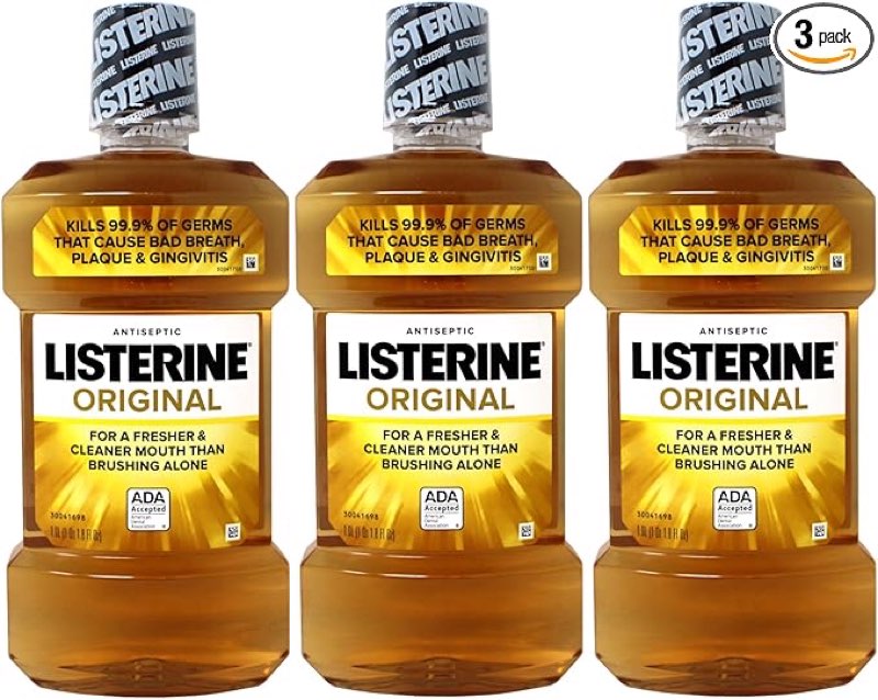 (pack of 3)listerine original antiseptic oral care mouthwash to kill 99% of germs that cause bad breath, plaque and gingivitis, ada-accepted mouthwash, original flavored oral rinse, 1 l