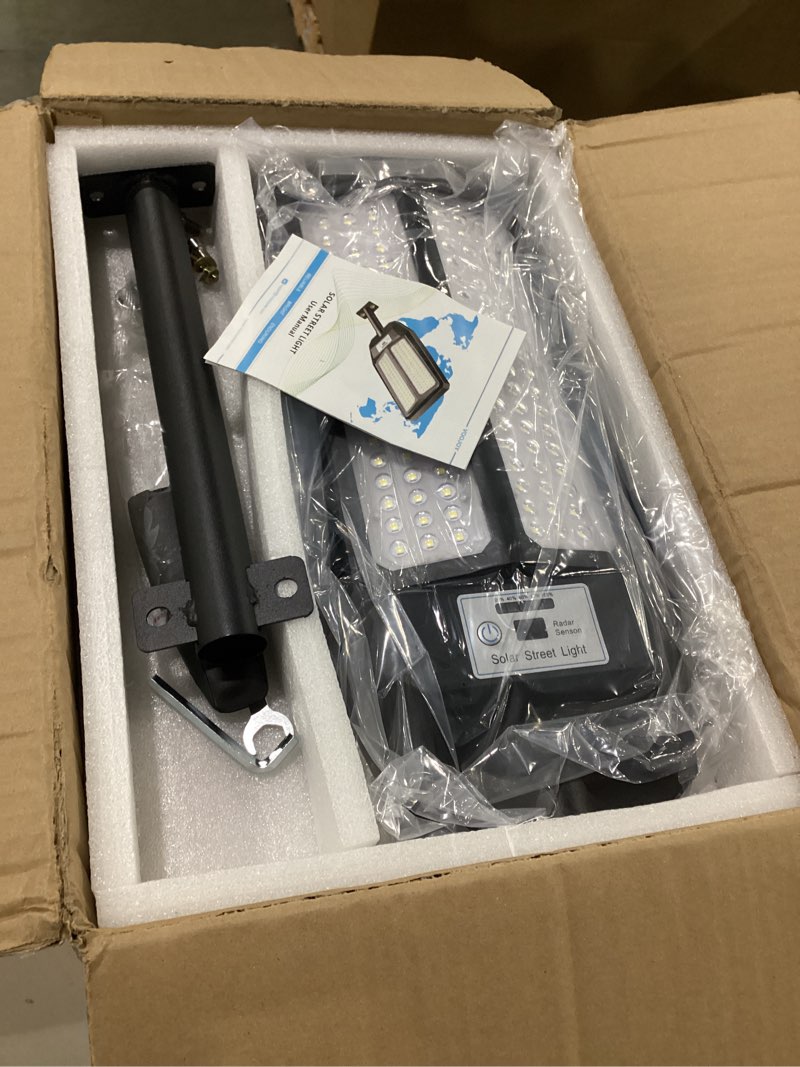 Condition photo showing New/Like New for Solar Lights Outdoor Waterproof, 5000W Solar Street Lights Outdoor, 7000K Dusk to Dawn LED Security Flood Light Motion Sensor with Remote Control for Outside, Parking Lot, Yard, Garden, 3 Pack