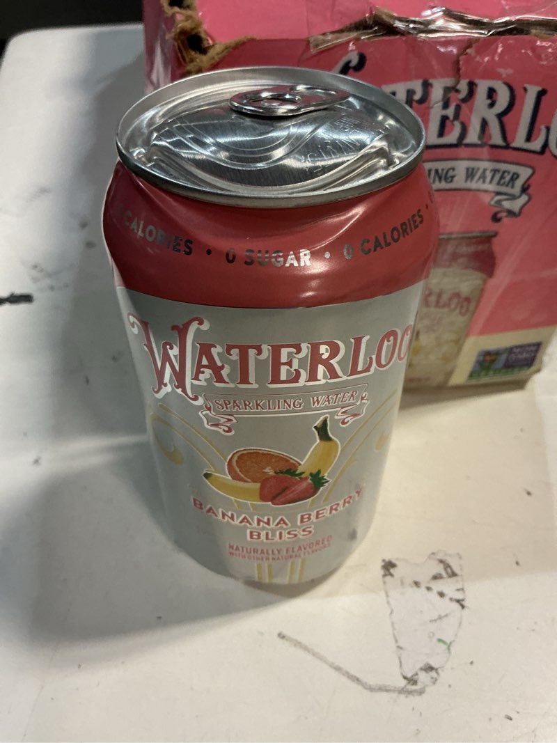 Condition photo showing Good Condition for (BBD 11/24/26). Waterloo Sparkling Water, Banana Berry Bliss Naturally Flavored, 12 Fl Oz Cans (Pack of 12) – Zero C