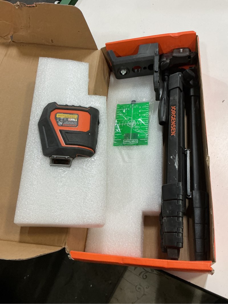 Condition photo showing Good Condition for JORGENSEN 360° Laser Level with Tripod, 100 FT Rechargeable Self Leveling Cross Line Laser Leveler Tool with Magnetic Base, Wide Angle Green Laser Level for Picture Hanging, Floor Tile, Construction