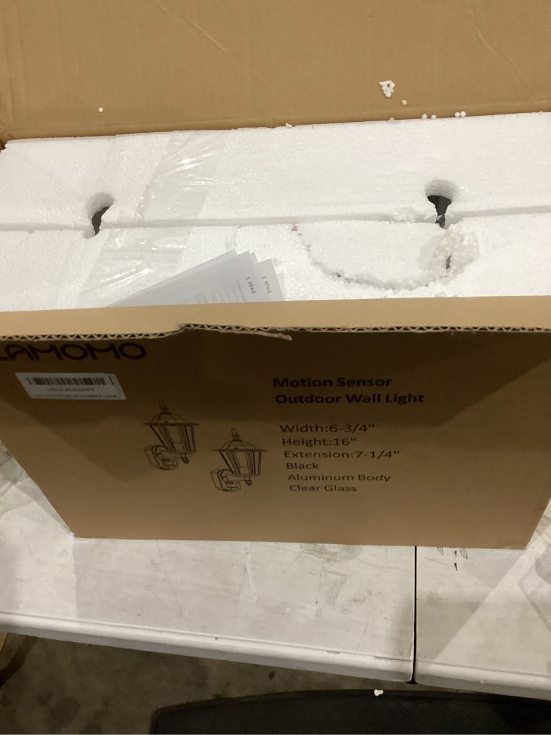 Condition photo showing New/Like New for Lamomo 2 Pack Motion Sensor Outdoor Lights, Upgrade Dusk to Dawn Exterior Light Fixture Wall Mounted, 100% Anti-Rust Aluminum Waterproof Porch Lights for Patio Front Door Garage Black 2 Pack