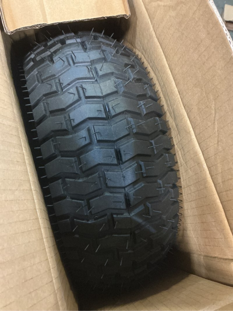Condition photo showing As Is for ar-pro 15x6.00-6 front tire and wheel assembly compatible with john deere 100/d100 series riding mower, 3" offset hub, 3/4" bushings, 4-ply pneumatic (1 pack) 15 x 6.00-6" pneumatic (offset hub)