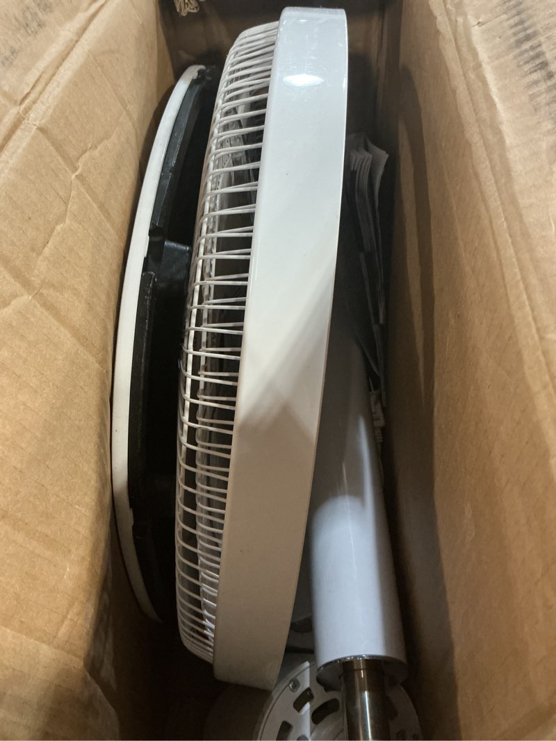 Condition photo showing As Is for Amazon Basics 16" DC Motor Standing Floor Fan, 12 Speed with Remote, 3 Breeze Modes, Dual-Layered Blades (10 Blades), Timer, Energy Efficiency and Quiet DC Motor (28W), White 12-Speed, DC Motor