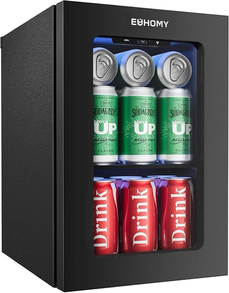 euhomy 18l beverage refrigerator cooler, 24 cans mini fridge with quiet compressor, countertop small fridge with 40°f-61°f digital temperature control, led lgiht for home, bar, office