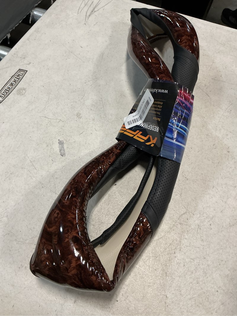 Condition photo showing Good Condition for kafeek wood grain steering wheel cover, universal 15 inch, microfiber leather,anti-slip, odorless black standard size[14.5"-15"]