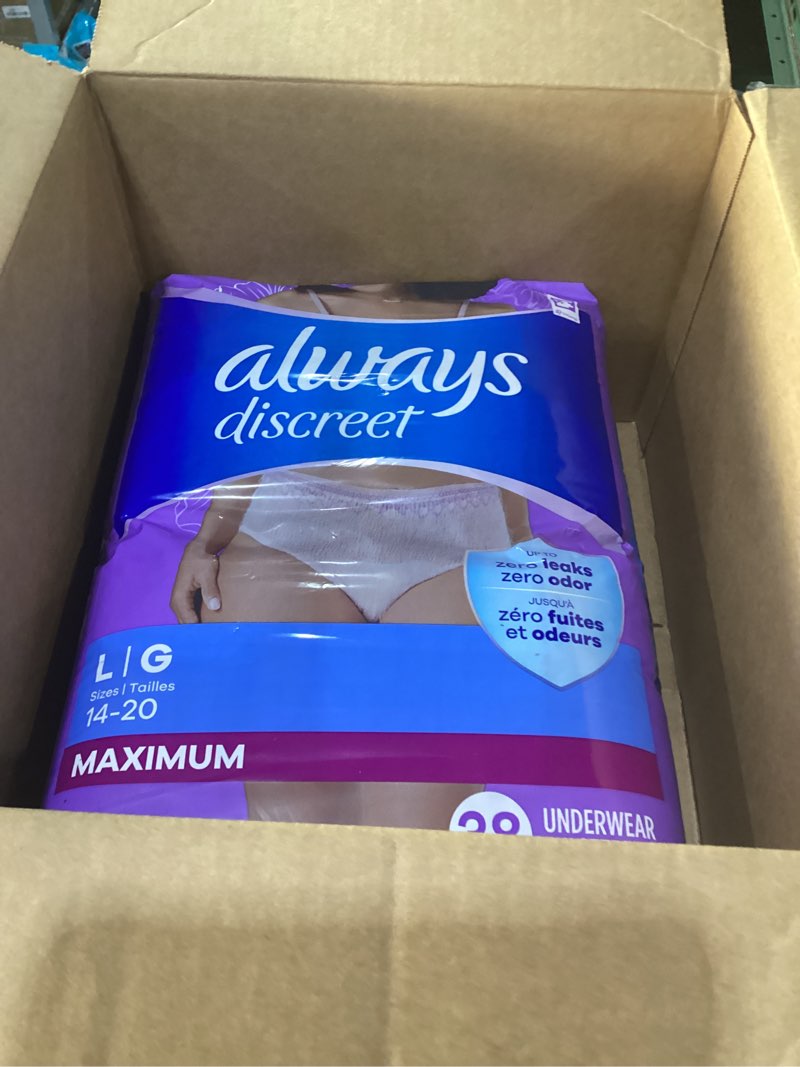 Condition photo showing New/Like New for Always Discreet Adult Incontinence Underwear for Women and Postpartum Underwear, Large, Up to 100% Bladder Leak Protection, 76 Count (2 Packs of 38) Large 76
