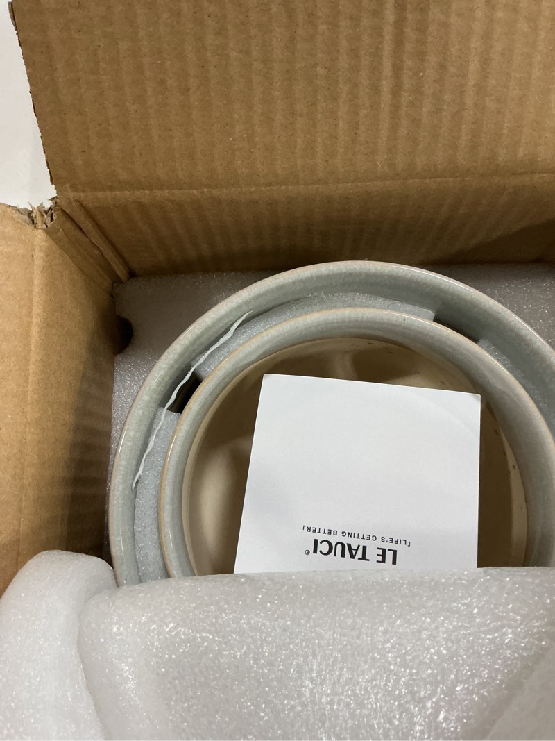 Condition photo showing New/Like New for LE TAUCI Succulent Pots, 6.5+8 Inch Ceramic Indoor Plant Pot with Drainage Hole, Shallow Round Succulent Planters, Set of 2, Reactive Glaze Star White