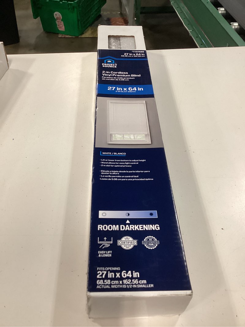Condition photo showing New/Like New for project source premium 2-in slat width 27-in x 64-in cordless white vinyl room darkening horizontal blinds