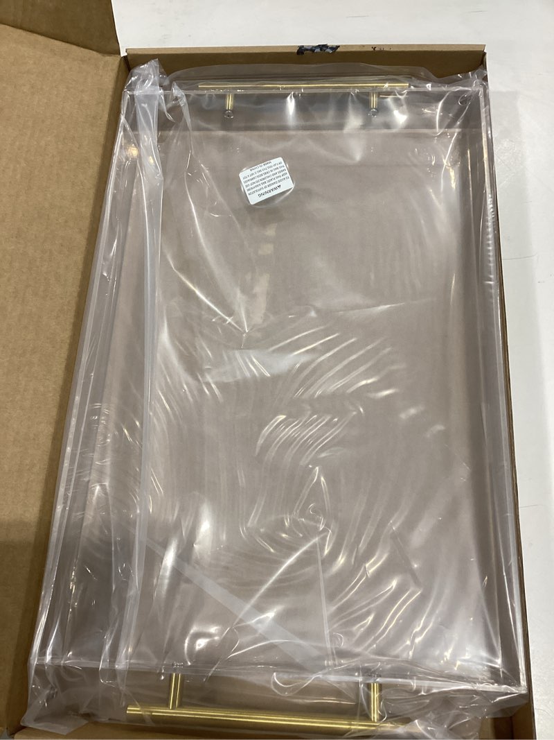 Condition photo showing As Is for Clear Acrylic Tray with Metal Handle,No Need to Assemble-for Ottoman,Coffee Table, Breakfast, Tea, Food, Butler - Decorative Tray (12x18 Inch, Clear) 18" x 12" x 2" Clear