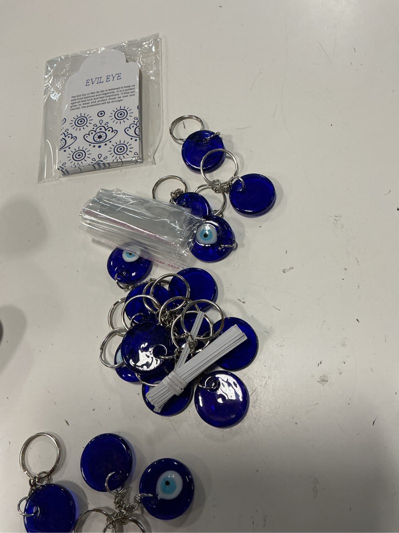 Condition photo showing Good Condition for 24 sets evil eye keychains bulk, blue glass evil eye charms with gift tags and clear bags, turkish greek good luck charms for wedding birthday party favors, car hanging gifts for women circular