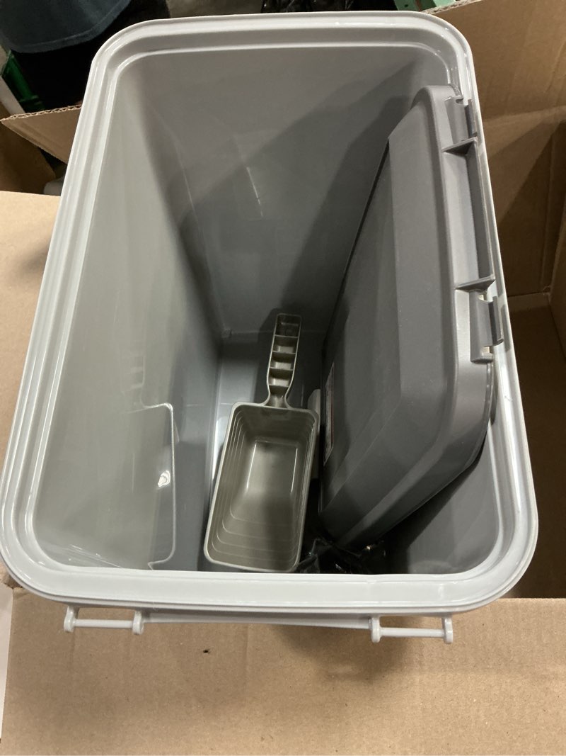 Condition photo showing Good Condition for iris usa dog food storage container with wheels, airtight lid, 2-cup scoop, up to 30 pounds pet food storage, built in scoop storage in lid, versatile pet food bin, portable, bpa free, gray/dark gray 30 lbs gray/dark gray