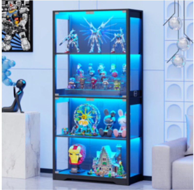 Glass Display Cabinet with Mirrored Back Panel, Glass Display Cases with Shelves and LED Light, 2 Doors Curio Cabinets (Incomplete, Box 1/2 )