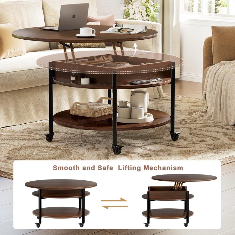 round lift top coffee table with wheels, 26.77'' rolling center table with storage and compartment for living room, 2 tier small circle dining table, espress