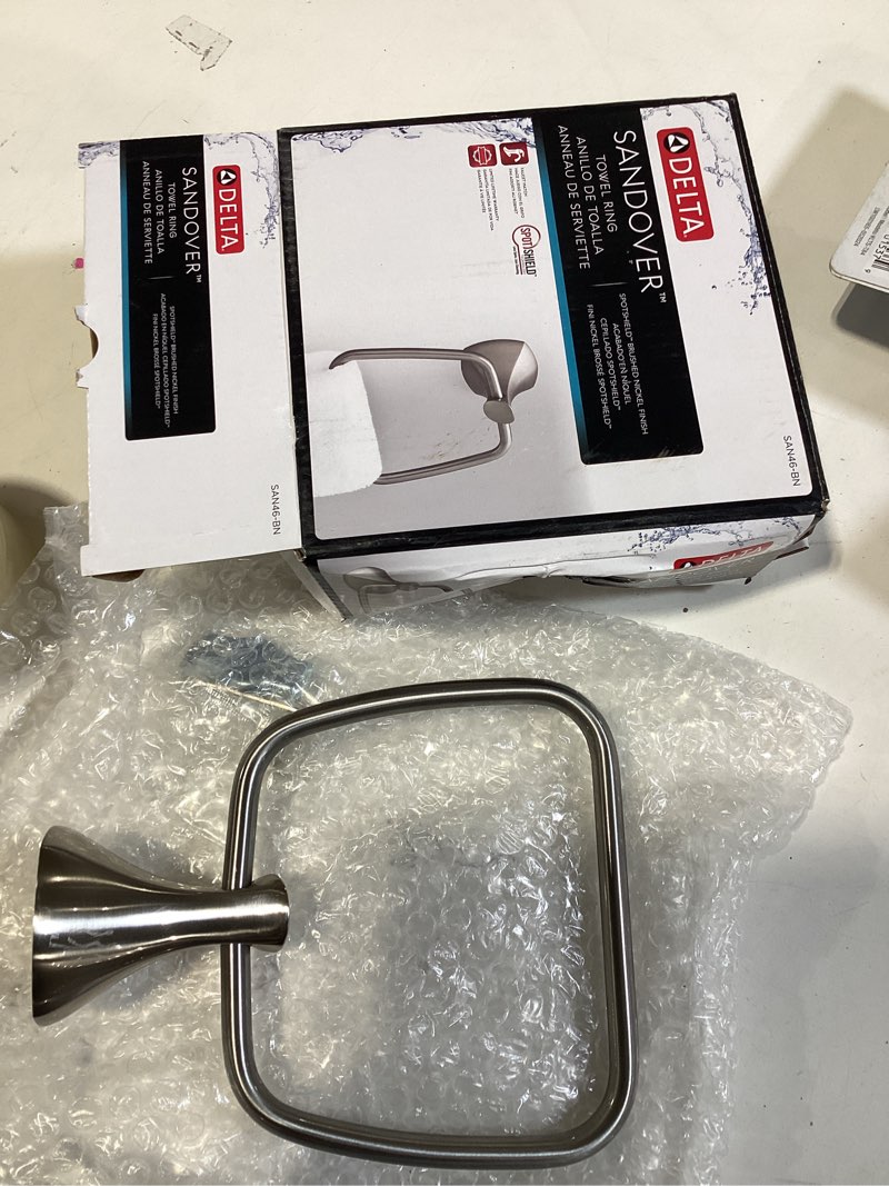 Condition photo showing Good Condition for delta sandover spotshield brushed nickel wall mount single towel ring item #1158558 | model #san46-bn
