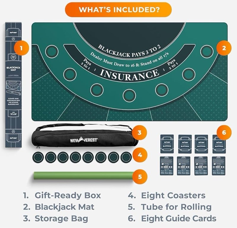  Newverest Blackjack Mat 70\" × 35\", Blackjack Table Top for Home Game Nights with Friends | Black Jack Casino Table Topper, Poker Mat Layout in Zipper Storage Bag with 8 Coasters in Gift-Ready Box 