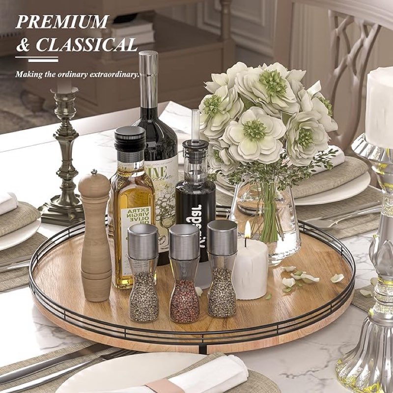 18" lazy susan oak wood turntable organizer for cabinet, farmhouse round wooden large lazy susan organization and storage for dining table, pantry, kitchen, countertop, cupboard, home decor