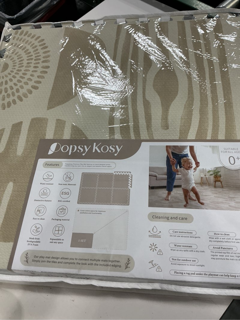 Condition photo showing New/Like New for popsykosy premium baby floor play mat - thick & cushioned 0.5 inch playroom foam mat, non-toxic odorless - 6 tiles - spacious 6x4 ft. - stylish & large, waterproof for kids & toddlers - ecru linen 4 x 6 ft (0.5"thick) ecru linen