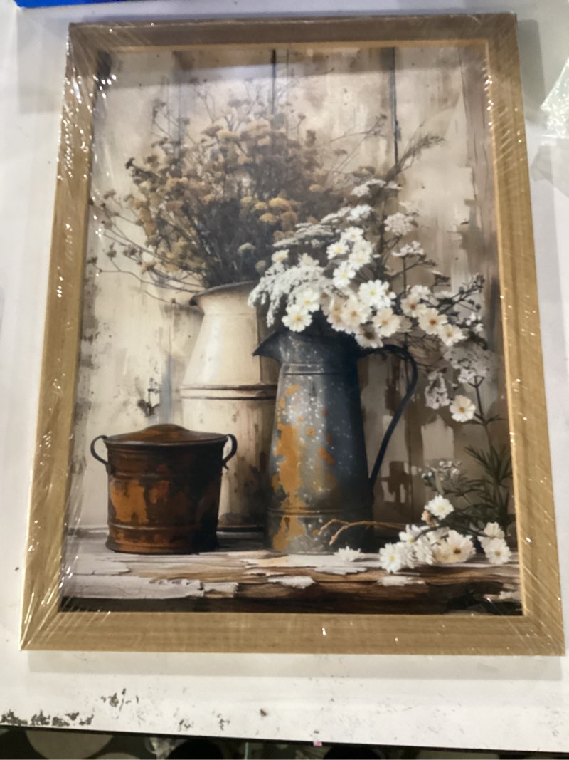 Krtoni Framed Farmhouse Vintage Canvas Wall Art, Rustic Floral Paintings Artwork Wall Decor, White D