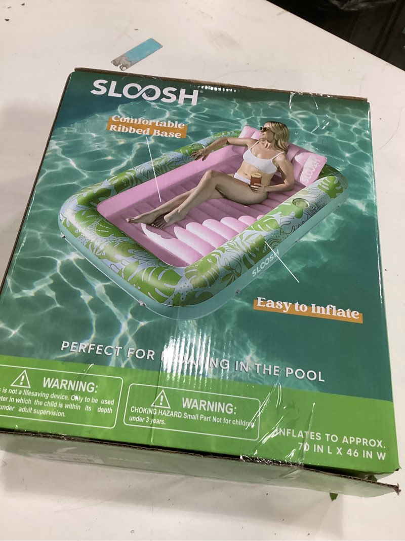 Condition photo showing New/Like New for SLOOSH Inflatable Tanning Pool Lounger Float, 70" x 46" Pool Floats Adult with Pillow, 4 in 1 Suntan Tub Raft Floatie,Sunbathing Bed Lounge for Water Blow Up Kids Ball Pit Party Gifts, L-Cyan Pink Cyan Pink Large