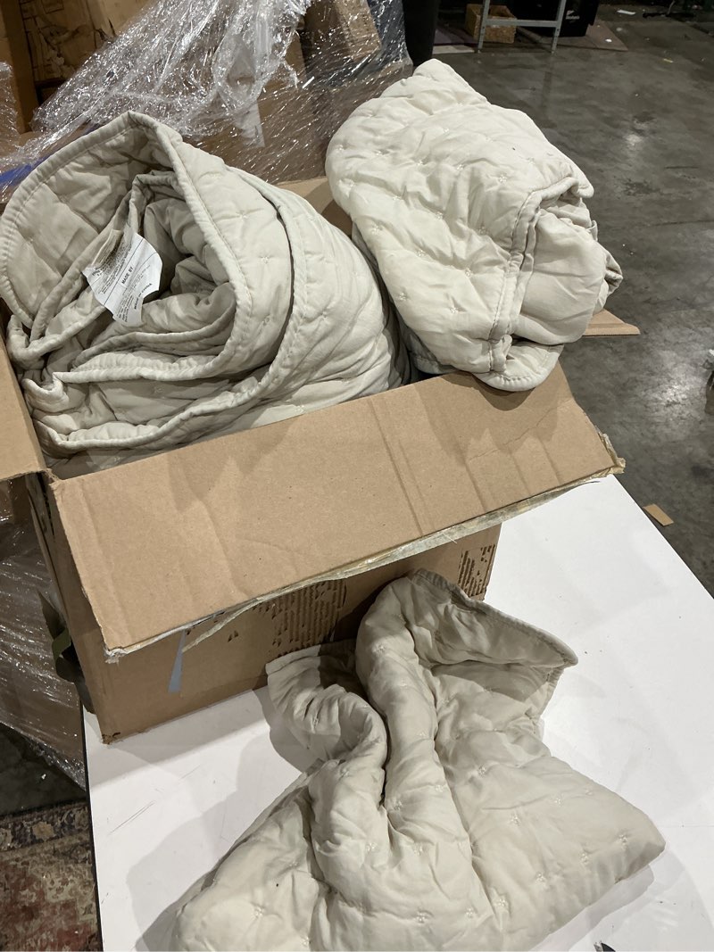 Condition photo showing Good Condition for wdcozy beige queen size comforter set with pillowcases, soft and lightweight cream and light brown quilt, thin quilted all-season comforter, 3 pieces, 90x90 inches