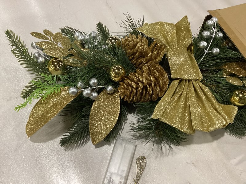 Condition photo showing New/Like New for 2025 Cordless Christmas Swags Artificial Stairs Christmas Garland with Prelit Teardrop Swag and 30 Lights Rustic Christmas Swag for Front Door Wall Window Stair Home Decor (Gold with Pinecone)