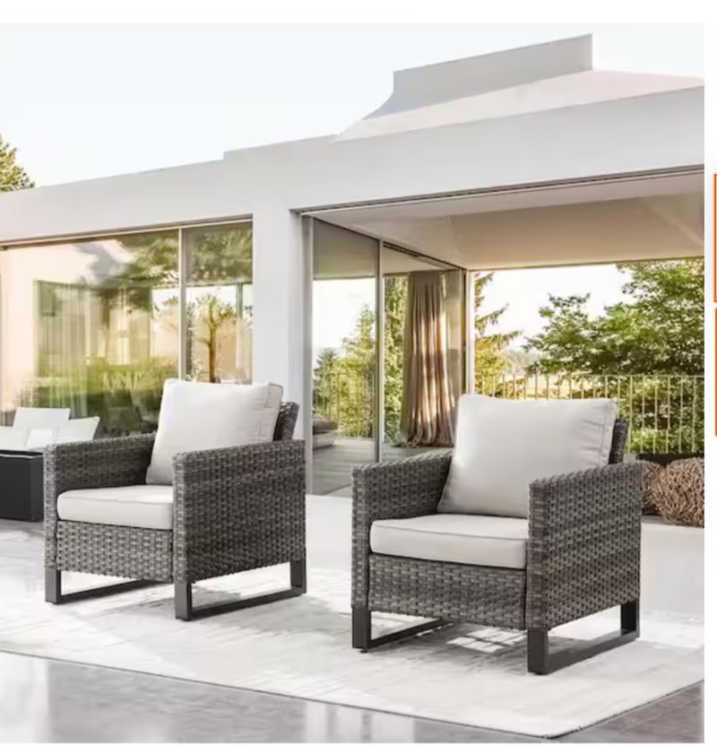 U-Weave Metal and Gray Wicker Outdoor Lounge Chair with Olefin Beige Cushions (2-Pack)