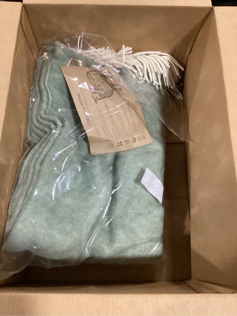 Condition photo showing Good Condition for | wool blanket/throw | 100% new zealand wool | perfect for home and outdoors | virgin wool throw with fringes 55"x79"(140 x 200 cm) moss green twin