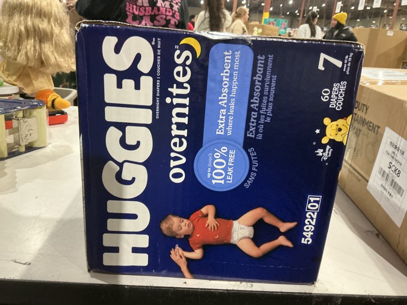 Condition photo showing New/Like New for Huggies Size 7 Overnites Baby Diapers: Overnight Diapers, Size 7 (41+ lbs), 60 Ct, Packaging May Vary Size 7 60