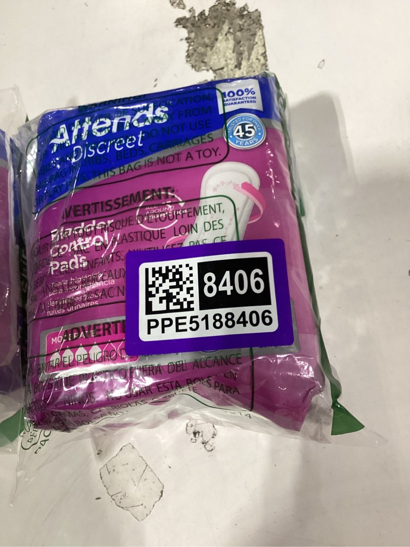 Condition photo showing New/Like New for attends discreet female incontinent pad moderate 10.5" l adpmod, moderate, 20 ct moderate absorbency 10-1/2" (20 count)
