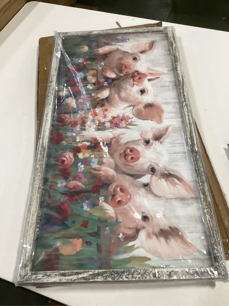 Condition photo showing New/Like New for Pig Wooden Framed Wall Art: Rustic Farmhouse Artwork Funny Cute Pink Piggy Farm Animal Picture Print Countryside Flower for Bedroom Bathroom Kitchen Nursery House Living Room 24"L x 12"W Pig