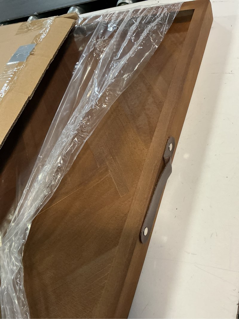 Condition photo showing Good Condition for large square ottoman tray 24.5"x24.5", wooden ottoman trays with leather handles, rustic decorative storage tray for ottoman 24.5" x 24.5" x 1.5"