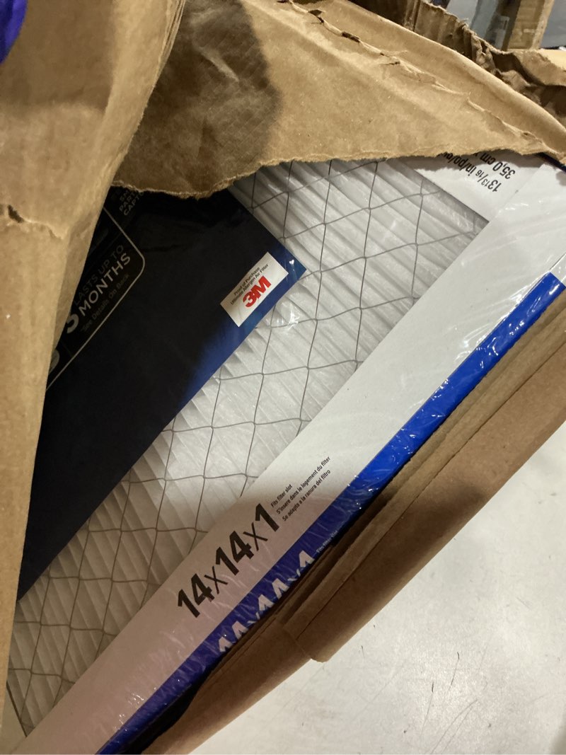 Condition photo showing As Is for filtrete 14x14x1 ac furnace air filter, merv 13, mpr 1900, premium allergen, bacteria&virus filter, 3-month pleated 1-inch electrostatic air cleaning filter, 2-pack (actual size 13.781x13.813x0.84 in)