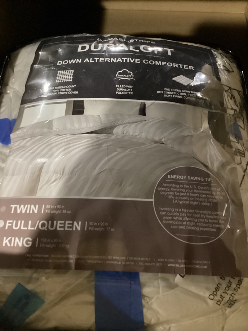 Condition photo showing New/Like New for Blue Ridge Home Fashions 500 Thread Count Cotton Damask Duraloft Striped Down Alternative Lightweight Duvet Bed Comforter, Full/Queen, White