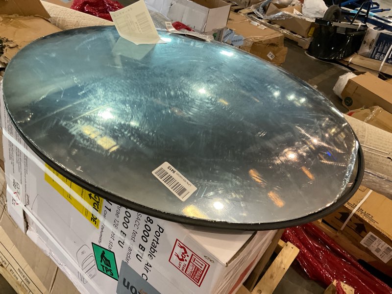 Condition photo showing As Is for 36” acrylic outdoor convex mirror with plastic back, round security mirror for the garage blind spot, store safety, warehouse side view, circular wall mirror for personal/office use -vision metalizers 36"l x 4.5"w acrylic outdoor convex