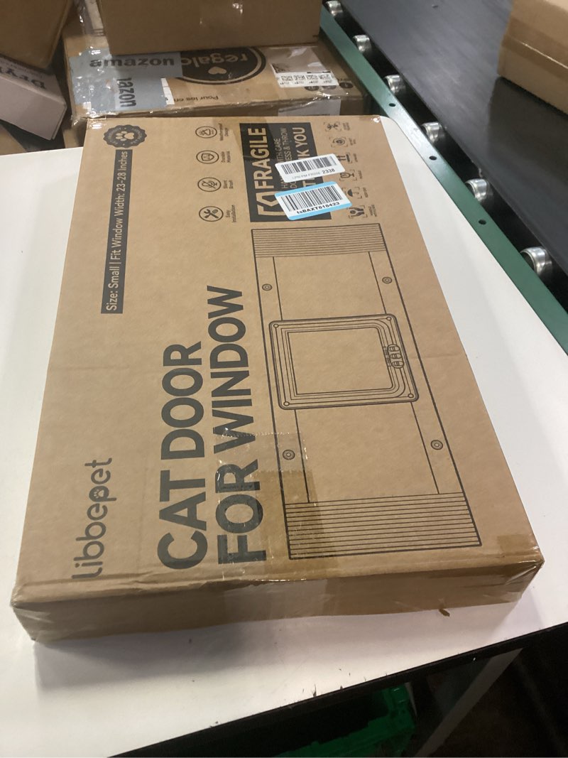 Condition photo showing New/Like New for libbepet cat door for window, aluminum window cat door insert fit windows width 23"-28", cat flap for window with magnetic flap opening 7.8 x 8.3 in, tool-free install, safety & weatherproof, small fit 23"-28" window