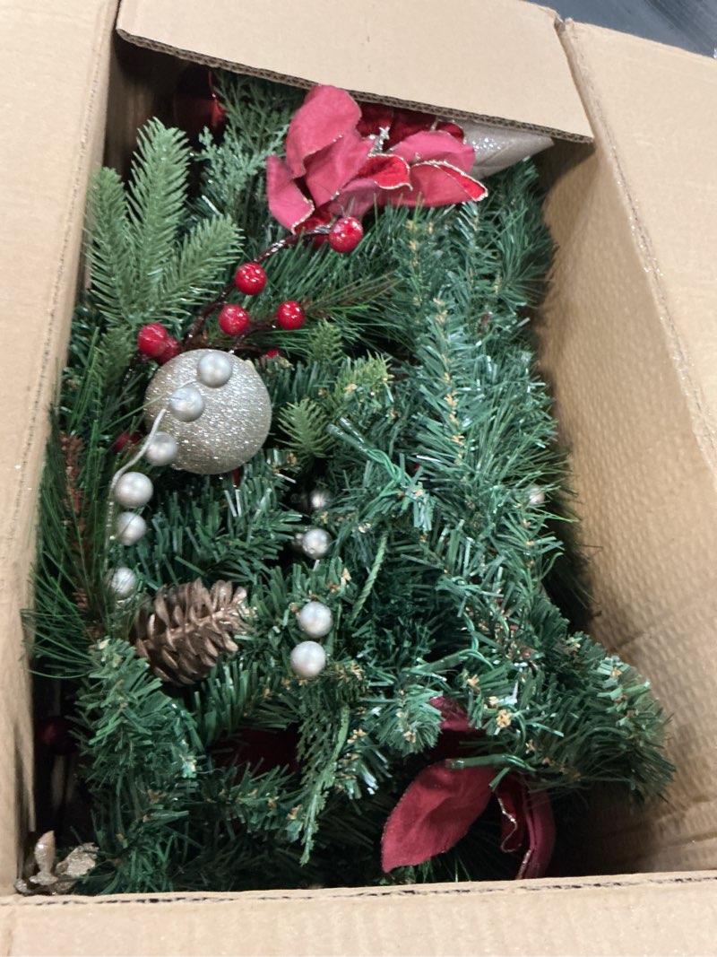 Condition photo showing As Is for SHareconn 9FT Prelit Christmas Garland with Multi-Color LED Lights, Battery-Operated Timer, Includes Flower Ball & Poinsettia for Mantle Fireplace Indoor Outdoor Xmas Decor, Red Champagne Gold, 9 FT 1 9FT