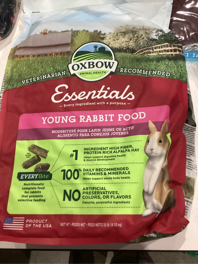 Condition photo showing New/Like New for Oxbow Essentials Rabbit Food, Young Rabbit, Made with Oxbow Timothy, Pet Food Pellets for Bunnies, Small Animal Pet Products, Made in USA, High Fiber Bunny Supplies, 10 lb. bag Young 10 Pound (Pack of 1)