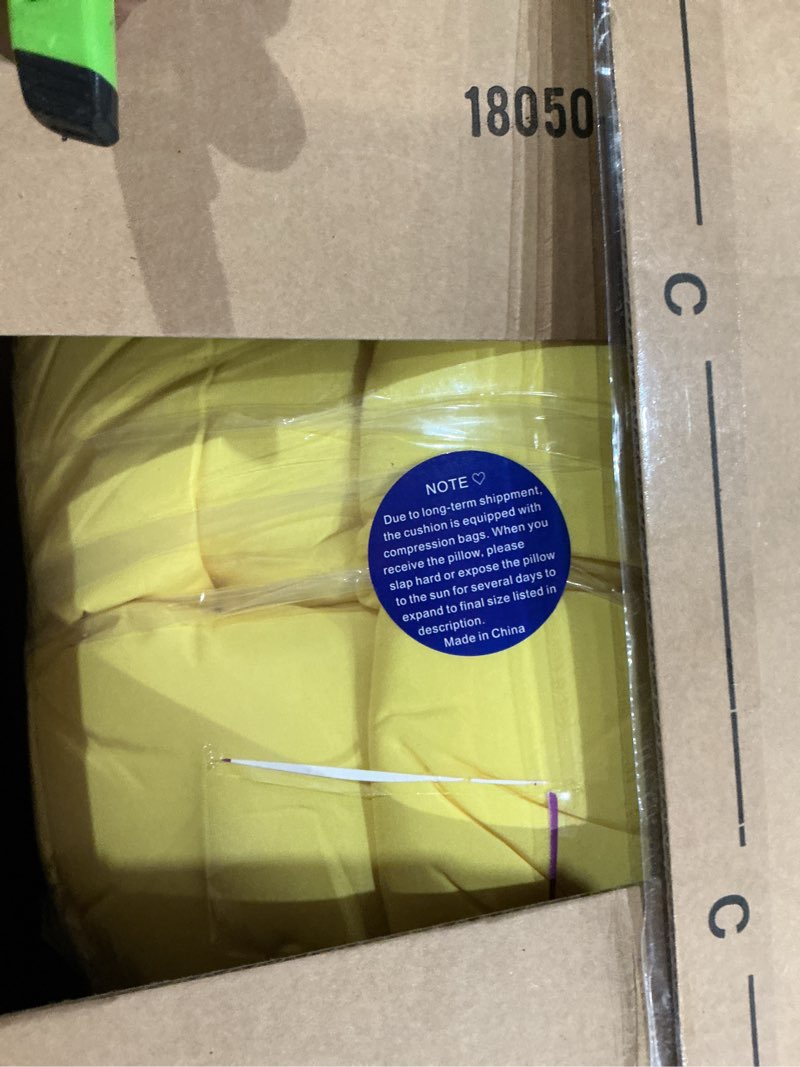 Condition photo showing Good Condition for mtmr outdoor chair cushions set of 2, 19x19 waterproof wicker seat cushions for patio furniture, tufted outdoor replacement furniture pad for porch lawn wicker desk dining rocking chair, yellow yellow 19"x19"