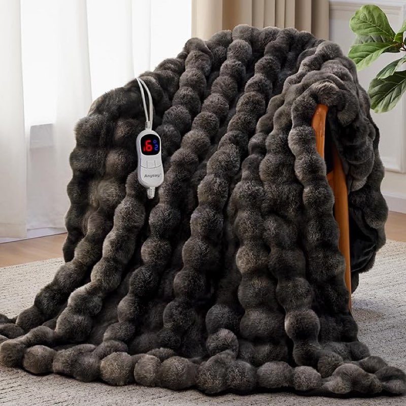 heated blanket throw with 1/2/4/6/8 hours auto-off 10 heat level, 50'' * 60'' cozy faux rabbit fur bubble electric blanket with overheat protection(tie-dye dark grey)
