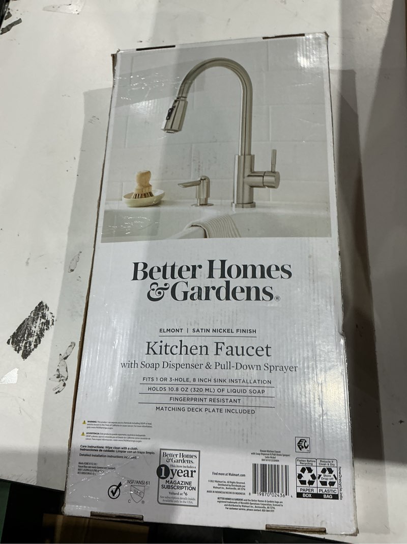 Condition photo showing As Is for better homes & gardens elmont pull down kitchen sink faucet with soap dispenser, satin nickel
