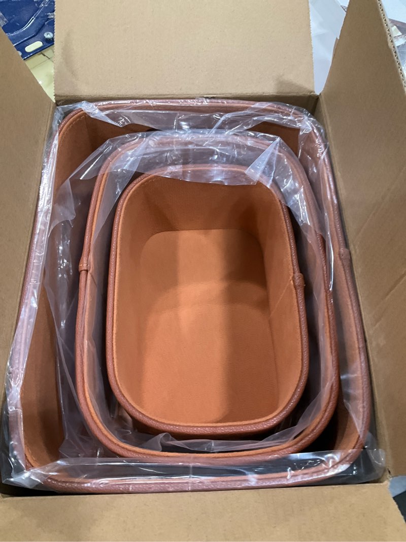 Condition photo showing Good Condition for HofferRuffer Faux Leather Storage Baskets Bins with Velvet Lining for Organizing, Storage, Gifts, Set of 3 Nesting Shelf Baskets Decorative Storage Boxes for Home Organization (Brown)