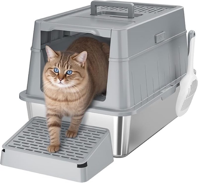 Lifewit Stainless Steel Cat Litter Box with Lid Carry Handle, XXL Enclosed Cat Litter Box for Large Cats, 155° Folding Lid, Extra Metal Cat Litter Box with Scoop and Pedal, Grey