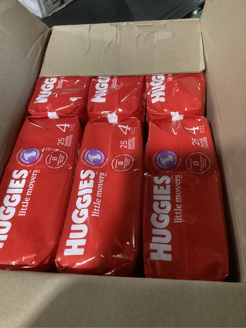 Condition photo showing New/Like New for huggies size 4 diapers, little movers baby diapers, size 4 (22-37 lbs), 150 count (6 packs of 25), packaging may vary size 4 150