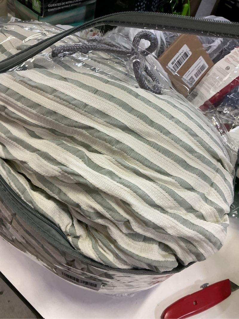 Condition photo showing As Is for king size comforter set sage green striped 100% soft washed microfiber jacquard 3 pieces striped bedding sets green white comforter for all seasons and 2 pillowcases comfort breathable sage green striped king(90"x104")
